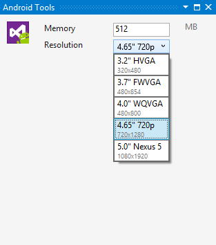 Select memory and resolution for the emulator